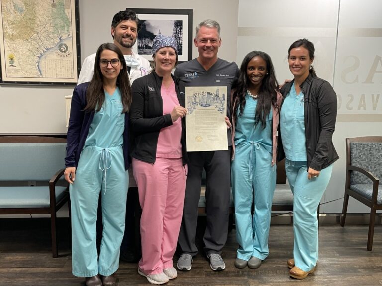 Paulina Astiazaran, MD, Complete Women's Care Center (CWCC), William Fox, MD, Houston Fibroids, Sara Jurney, MD, CWWC, Eric Hardee, MD, Houston Fibroids, Kandace Joye, MD, CWWC and Mariana Karram, MD, CWWC, holding the mayor's proclamation for Uterine Fibroid Awareness Month.