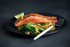 plate of salmon with vegetables